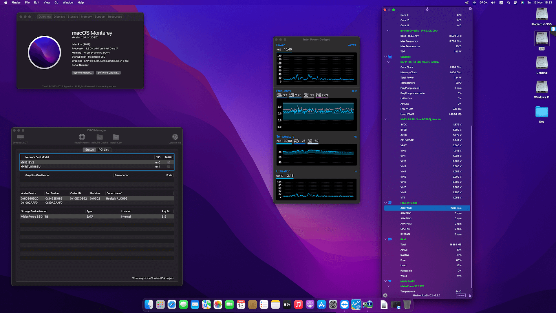 Success Hackintosh macOS Monterey 12.6.1 Build 21G217 in MSI X99S SLI PLUS + Intel Core i7 5930K + Sapphire RX 580